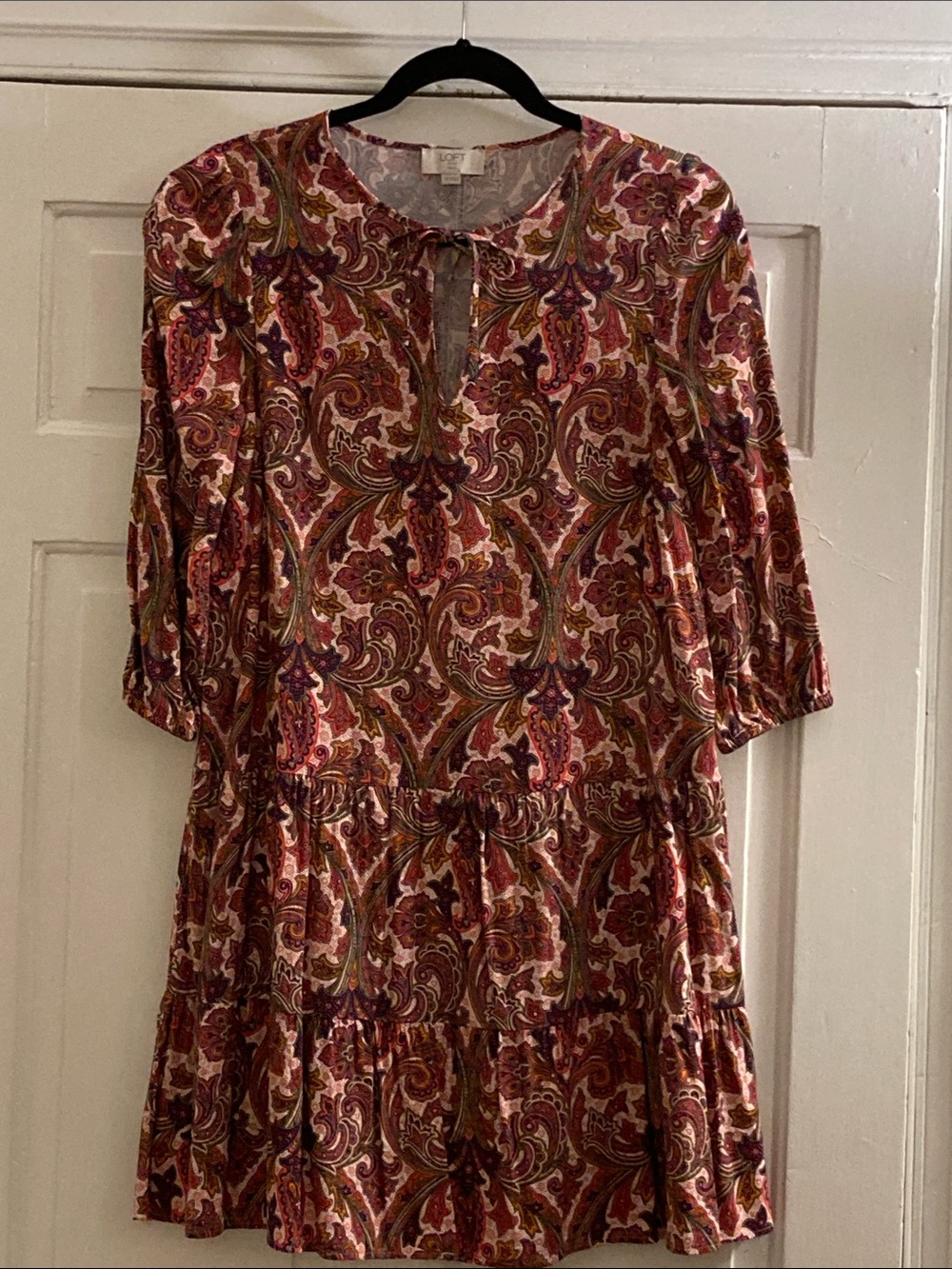 NWOT LOFT Petite Paisley Tiered Mini Dress - Orange & Brown, Size SP